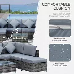 Outsunny 8 Piece Rattan Corner Sofa Set with Wide & Deep Seat, Assembled Aluminium PE Rattan Garden Furniture Set with Thick Cushions and Glass Top Table for Outdoor, Conservatory, Grey - 5