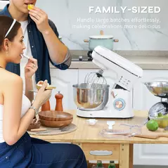 HOMCOM Stand Mixer, 5L Food Mixer for Baking, 6 Speeds and Pulse Setting, 1400W Cake Electric Kitchen Mixer with Dough Hook, Whisk, Stainless Steel Bowl, Splash Guard, Beater, White - 8