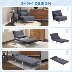 HOMCOM Single Velvet-Feel Sleeper Chair - Charcoal Grey - 4