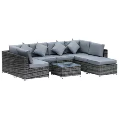 Outsunny 8 Piece Rattan Corner Sofa Set with Wide & Deep Seat, Assembled Aluminium PE Rattan Garden Furniture Set with Thick Cushions and Glass Top Table for Outdoor, Conservatory, Grey - 1