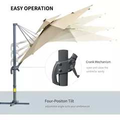 Outsunny 3m Cantilever Parasol w/ Solar Lights Power Bank Base 360° Spin Khaki - 5