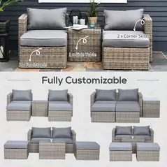 Outsunny 5 Piece Rattan Garden Furniture Set w/ 10cm Thick Cushions, Aluminium Frame Wicker Outdoor Balcony Sofa Set with Corner Armchairs, Ottomans, and Glass Top Table, Mixed Brown - 8