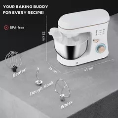 HOMCOM Stand Mixer, 5L Food Mixer for Baking, 6 Speeds and Pulse Setting, 1400W Cake Electric Kitchen Mixer with Dough Hook, Whisk, Stainless Steel Bowl, Splash Guard, Beater, White - 3
