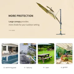 Outsunny 3m Cantilever Parasol w/ Solar Lights Power Bank Base 360° Spin Khaki - 8