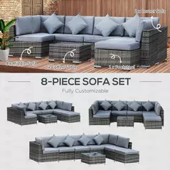 Outsunny 8 Piece Rattan Corner Sofa Set with Wide & Deep Seat, Assembled Aluminium PE Rattan Garden Furniture Set with Thick Cushions and Glass Top Table for Outdoor, Conservatory, Grey - 6