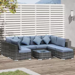 Outsunny 8 Piece Rattan Corner Sofa Set with Wide & Deep Seat, Assembled Aluminium PE Rattan Garden Furniture Set with Thick Cushions and Glass Top Table for Outdoor, Conservatory, Grey - 2