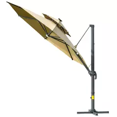 Outsunny 3m Cantilever Parasol w/ Solar Lights Power Bank Base 360° Spin Khaki - 1
