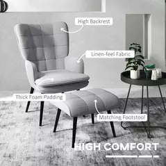 HOMCOM Armchair with Footstool, Living Room Chair, Linen Accent Chair for Bedroom, Home Study, Light Grey - 4