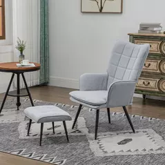 HOMCOM Armchair with Footstool, Living Room Chair, Linen Accent Chair for Bedroom, Home Study, Light Grey - 6