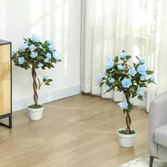 Outsunny Set of 2 Artificial Plants White Rose Floral in Pot, Fake Plants for Home Indoor Decor, 90cm, Light Blue - 2