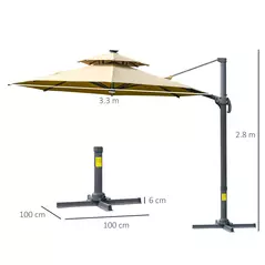 Outsunny 3m Cantilever Parasol w/ Solar Lights Power Bank Base 360° Spin Khaki - 3
