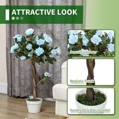 Outsunny Set of 2 Artificial Plants White Rose Floral in Pot, Fake Plants for Home Indoor Decor, 90cm, Light Blue - 5