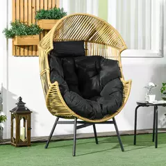 Outsunny String Rattan Egg Chair, with Padded Seat Cushion - Sand/Black - 2