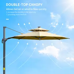 Outsunny 3m Cantilever Parasol w/ Solar Lights Power Bank Base 360° Spin Khaki - 7