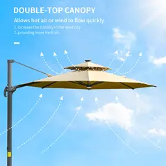 Outsunny 3m Cantilever Parasol w/ Solar Lights Power Bank Base 360° Spin Khaki - 7