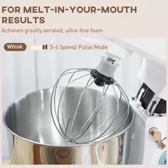 HOMCOM Stand Mixer, 5L Food Mixer for Baking, 6 Speeds and Pulse Setting, 1400W Cake Electric Kitchen Mixer with Dough Hook, Whisk, Stainless Steel Bowl, Splash Guard, Beater, White - 7