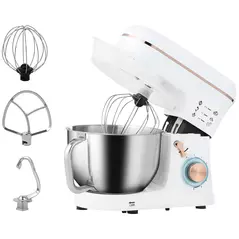 HOMCOM Stand Mixer, 5L Food Mixer for Baking, 6 Speeds and Pulse Setting, 1400W Cake Electric Kitchen Mixer with Dough Hook, Whisk, Stainless Steel Bowl, Splash Guard, Beater, White - 1