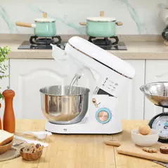 HOMCOM Stand Mixer, 5L Food Mixer for Baking, 6 Speeds and Pulse Setting, 1400W Cake Electric Kitchen Mixer with Dough Hook, Whisk, Stainless Steel Bowl, Splash Guard, Beater, White - 2