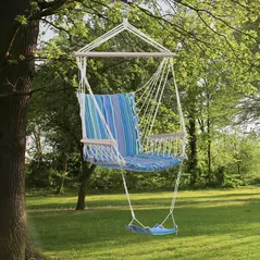 Outsunny Hanging Rope Chair with Soft Padded Seat & Backrest, Portable Garden Hammoc Chair with Wooden Support Bar, Armrests, Cotton Cloth, Footrest, for Patio & Tree, Blue - 2