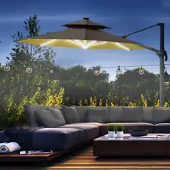 Outsunny 3m Cantilever Parasol w/ Solar Lights Power Bank Base 360° Spin Khaki - 2