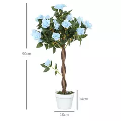 Outsunny Set of 2 Artificial Plants White Rose Floral in Pot, Fake Plants for Home Indoor Decor, 90cm, Light Blue - 3
