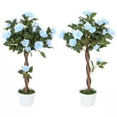Outsunny Set of 2 Artificial Plants White Rose Floral in Pot, Fake Plants for Home Indoor Decor, 90cm, Light Blue - 1