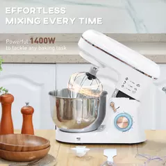 HOMCOM Stand Mixer, 5L Food Mixer for Baking, 6 Speeds and Pulse Setting, 1400W Cake Electric Kitchen Mixer with Dough Hook, Whisk, Stainless Steel Bowl, Splash Guard, Beater, White - 4