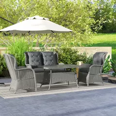 Outsunny Garden PE Rattan Dining Sofa Set, Outdoor 4 Seater Wicker Furniture, High Back Chairs with Cushions, Tempered Glass Coffee Table for Patio, Light Grey - 9