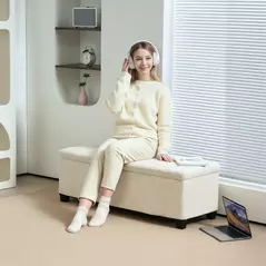 HOMCOM Storage Ottoman Bench, Corduroy Footstool with Removable Lid and Legs, 112cm Storage Chest Box for Living Room, Bedroom, Hallway, Beige - 2