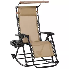 Outsunny Garden Rocking Chair Folding Recliner Outdoor Adjustable Sun Lounger Rocker Zero-Gravity Seat with Headrest Side Holder Patio Deck - Beige - 1