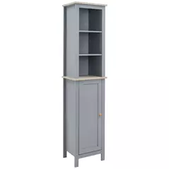 kleankin Bathroom Floor Storage Cabinet with 3 Tier Shelf and Cupboard with Door, Free Standing Linen Tower, Tall Slim Side Organizer Shelves, Grey - 1
