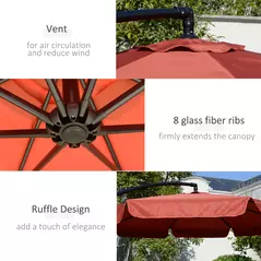 Outsunny 2.7m Garden Banana Parasol Cantilever Umbrella with Crank Handle and Cross Base for Outdoor, Hanging Sun Shade, Wine Red - 6