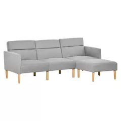 HOMCOM L Shape Sofa Bed Set, Linen Fabric Corner Sofa Bed with Rubber Wood Legs and Footstool, Light Grey - 1