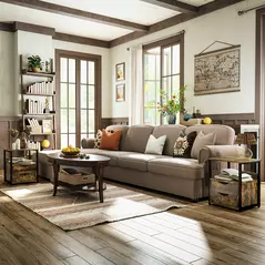 HOMCOM Industrial Side Table Set of 2, Sofa Table with Drawer, Bedside Cabinet with Storage Shelf, Slim Nightstand for Living Room, Bedroom, Rustic Brown - 2