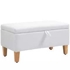 HOMCOM 30L Linen Storage Ottoman Padded Footstool with Rubberwood Legs for Storage Box, Bed End, Shoe Bench, Seating, Cream White - 1