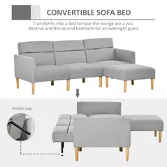 HOMCOM L Shape Sofa Bed Set, Linen Fabric Corner Sofa Bed with Rubber Wood Legs and Footstool, Light Grey - 4