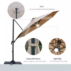 Outsunny 3(m) LED Cantilever Parasol Outdoor Sun Umbrella w/ Base Solar Lights Brown - 7