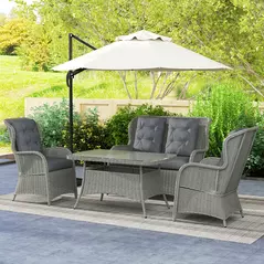 Outsunny Garden PE Rattan Dining Sofa Set, Outdoor 4 Seater Wicker Furniture, High Back Chairs with Cushions, Tempered Glass Coffee Table for Patio, Light Grey - 2