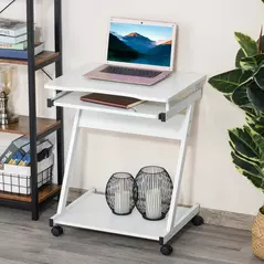 HOMCOM Mobile Computer Desk, Z-Shaped Writing Desk, PC Table for Small Spaces, Workstation with 4 Wheels & Sliding Keyboard for Home Office, Easy Assembly, White - 7