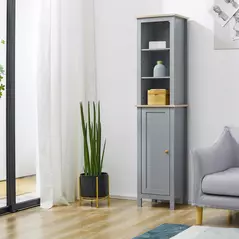 kleankin Bathroom Floor Storage Cabinet with 3 Tier Shelf and Cupboard with Door, Free Standing Linen Tower, Tall Slim Side Organizer Shelves, Grey - 7