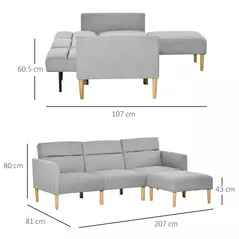 HOMCOM L Shape Sofa Bed Set, Linen Fabric Corner Sofa Bed with Rubber Wood Legs and Footstool, Light Grey - 3