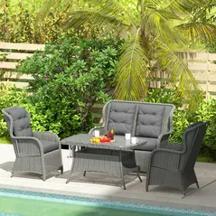 Outsunny Garden PE Rattan Dining Sofa Set, Outdoor 4 Seater Wicker Furniture, High Back Chairs with Cushions, Tempered Glass Coffee Table for Patio, Light Grey - 8