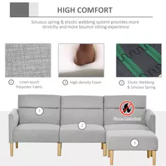 HOMCOM L Shape Sofa Bed Set, Linen Fabric Corner Sofa Bed with Rubber Wood Legs and Footstool, Light Grey - 7