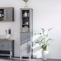 kleankin Bathroom Floor Storage Cabinet with 3 Tier Shelf and Cupboard with Door, Free Standing Linen Tower, Tall Slim Side Organizer Shelves, Grey - 2