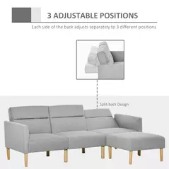 HOMCOM L Shape Sofa Bed Set, Linen Fabric Corner Sofa Bed with Rubber Wood Legs and Footstool, Light Grey - 6