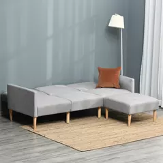 HOMCOM L Shape Sofa Bed Set, Linen Fabric Corner Sofa Bed with Rubber Wood Legs and Footstool, Light Grey - 8