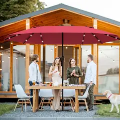 Outsunny 4.4m Double-Sided Sun Umbrella Patio Parasol LED Solar Lights Red - 2