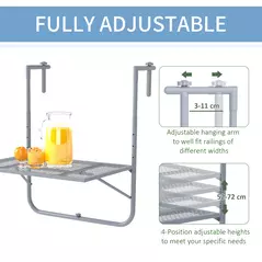 Outsunny Balcony Hanging Table, Metal Wall Mount Desk, Adjustable Folding Balcony Deck Table for Patio and Garden, Grey - 4