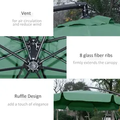 Outsunny 2.7m Garden Parasol Cantilever Umbrella with Crank Handle and Cross Base for Outdoor, Hanging Sun Shade, Green - 6