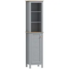 kleankin Bathroom Floor Storage Cabinet with 3 Tier Shelf and Cupboard with Door, Free Standing Linen Tower, Tall Slim Side Organizer Shelves, Grey - 1